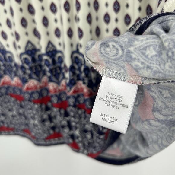 One World Boho Top Cream Blue Short Flutter Sleeve Mixed Pattern Split Neck Sz L - Picture 9 of 9